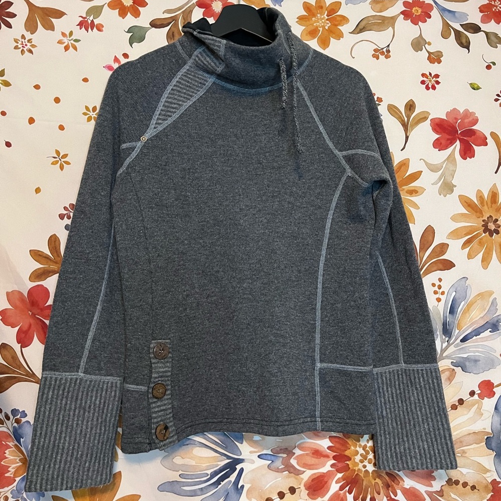 Prana Grey S Striped Funnel Neck Button Accent Fall Winter Outdoor Sweatshirt